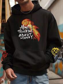 男士休闲街头风金钱与熊元素印花连帽卫衣，秋冬款，长袖上衣 - 黑色 - 查看 7