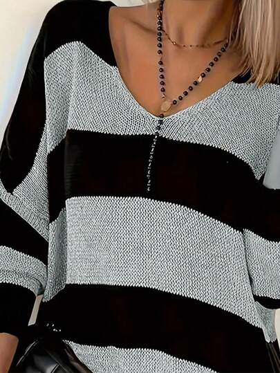Popular Extended Plus Size Striped Knitted Top, Autumn Casual Long Sleeve V-Neck Sweater, Women's Plus Size Clothing