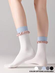 1 par de calcetines de media caña con volantes sin hueso, estilo ballet para mujer, diseño a bloques de color negro y blanco, moda coreana