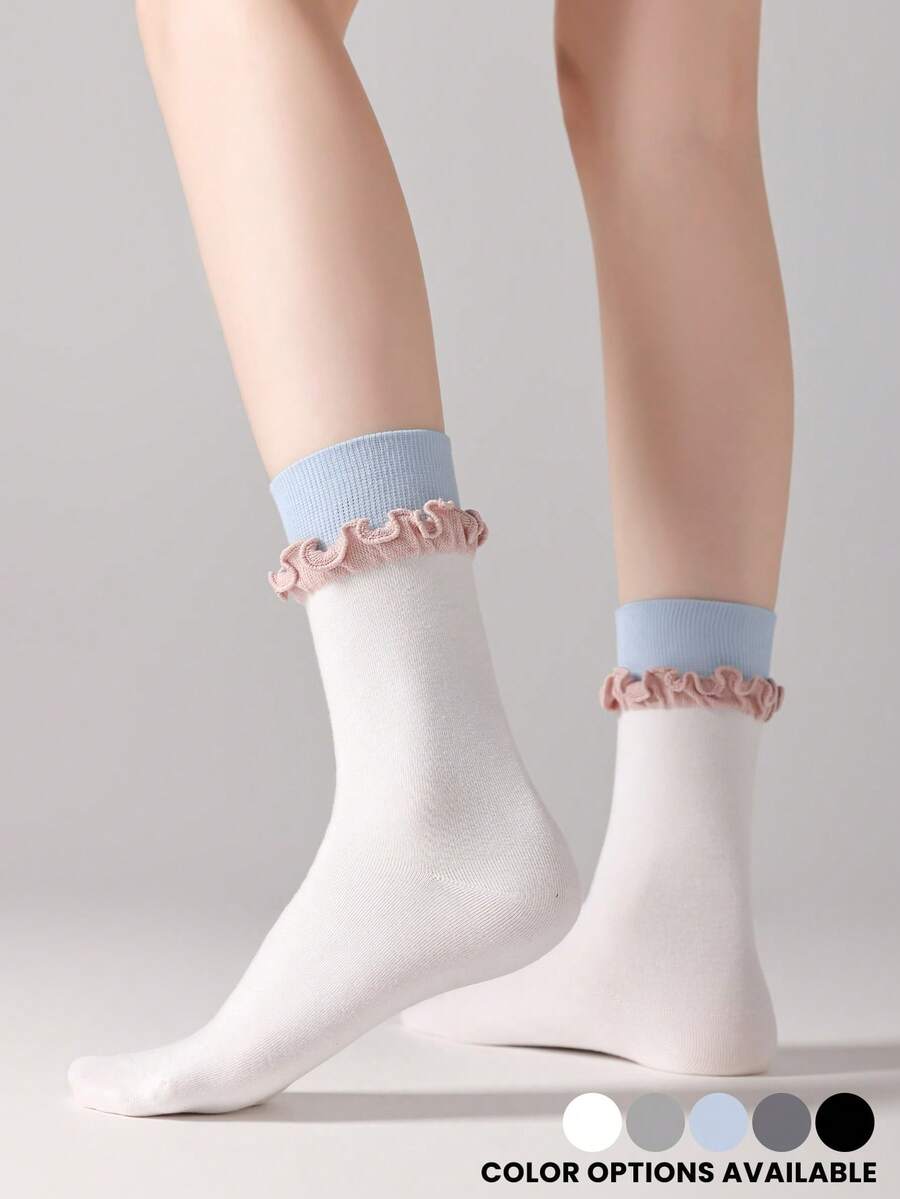 1 par de calcetines de media caña con volantes sin hueso, estilo ballet para mujer, diseño a bloques de color negro y blanco, moda coreana