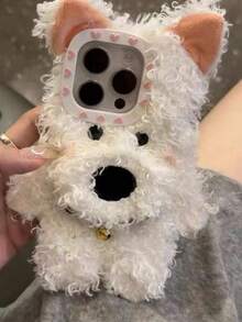 可爱蓬松卷毛狗毛柔软硅胶手机壳适用于 14/16/16 Pro/16 Pro Max/17，秋冬 - 白色 - 查看 5