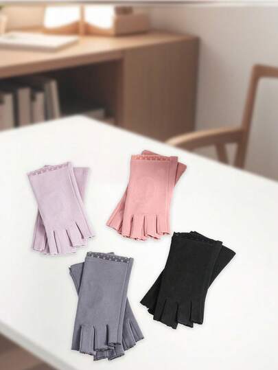 1双女士半指手套，冬季保暖露指手套，适合骑自行车、写作、采茶、户外活动