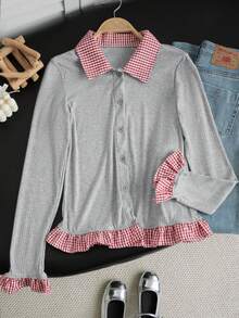 Áo thun dài tay 2 trong 1 cổ polo kẻ sọc tương phản dành cho nữ, dáng ôm, thích hợp mặc vào mùa xuân và mùa thu - hoa màu xám - Xem 5