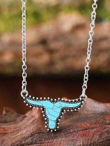 1pc Vintage Western Bull Head Pendant Necklace - Alloy Chain With Turquoise Stone, Unique Fashion Gift For Women, Perfect For Daily Wear & Vacation Accessories, Cute Western Necklaces, Cowboy Style - 古董銀器 - 查看 2