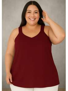 Women's Plus Size Blouse Wide Strap Tank Top Basic Crepe V1 Collar Tank Top Various Colors - Gỗ đỏ - Xem 3