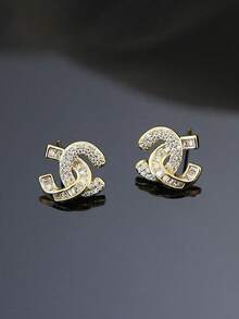 1pc Elegant Fashion Micro-Inlaid Zirconia Letter Silver Needle Earrings For Women, Unique Earring Accessories