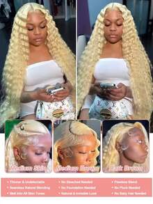 Uveous Belaved 34 Inch Wigs Human Hair Blonde Lace Front Deep Wave 613 Blonde 13x4 HD Transparent Curly Real Human Hair 200% Density Lace Frontal Wig With Natural Hairline Halloween Season - S613 - 查看 4