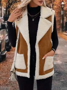 Autumn/Winter Fashion Color Block Suede-Like Fabric Fuzzy Sleeveless Open Front Casual Commute Simple Pocket Vest Jacket For Women