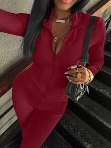 2pcs Women Pink Zipper Long Sleeve Top And Pants Set, Casual Commuter Sportswear Style, New Fashion - Burgundy - View 5