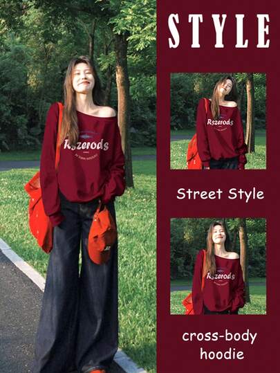 Burgundy Off-Shoulder Sweatshirt For Women, Loose Fit Unique Casual Design, Niche Letter Print Long Sleeve Top, Versatile For Autumn/Winter
