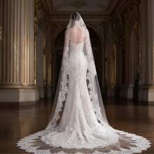 حجاب زفاف عروس بطول 3 أمتار مع ذيل، حجاب زفاف فاخر من الدانتيل بطراز قصر أنيق وفاخر للمناسبات الرسمية