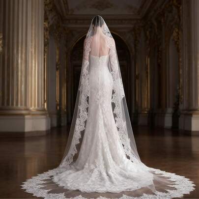 3 Meters Long Lace Bridal Wedding Veil With Train, Vintage Lace Palace Style Elegant Luxurious Ceremonial Wedding Veil