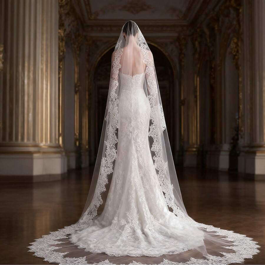حجاب زفاف عروس بطول 3 أمتار مع ذيل، حجاب زفاف فاخر من الدانتيل بطراز قصر أنيق وفاخر للمناسبات الرسمية