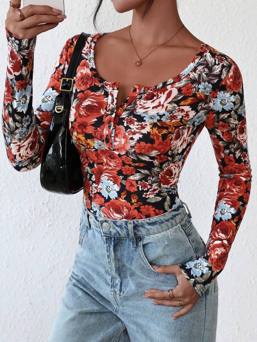 Women's Autumn Long-Sleeved Henry Shirt T-Shirt Button Ribbed Knit Fashion Tight Basic Top Shirt - Nền đen với họa tiết nhiều màu sắc - Xem 1