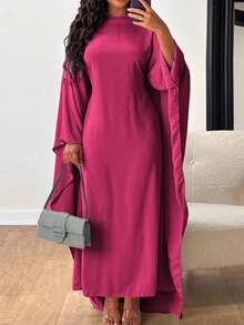 Unadoll Women's Pure Color Loose Waist Bat Sleeve Beach Vacation Graduation Season Colored Ding Robe Dress