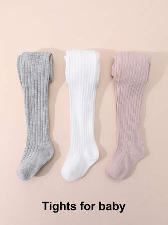 3 Pairs Girls' Solid Color Leggings, Vertical Striped Tights, Simple Versatile Children's Pantyhose, Elastic & Comfortable, All Season