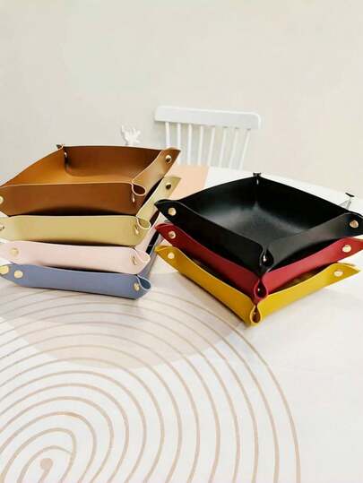 1 szt. Europejska skórzana tacka do przechowywania, tacka na biurko, pudełko do przechowywania biżuterii i kosmetyków, otwarte pudełko do przechowywania, używane do komputerów stacjonarnych, kluczy, kosmetyków, biżuterii – elegancka tacka ekspozycyjna ze skóry PU, używana do akcesoriów do salonu, pudełko do przechowywania mebli