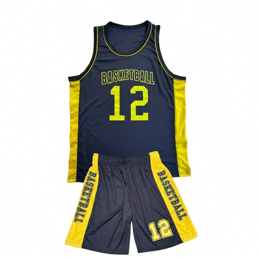 Men's Adult Sports Set: T-Shirt With Basketball Shorts - Black and Yellow Basketball - View 1