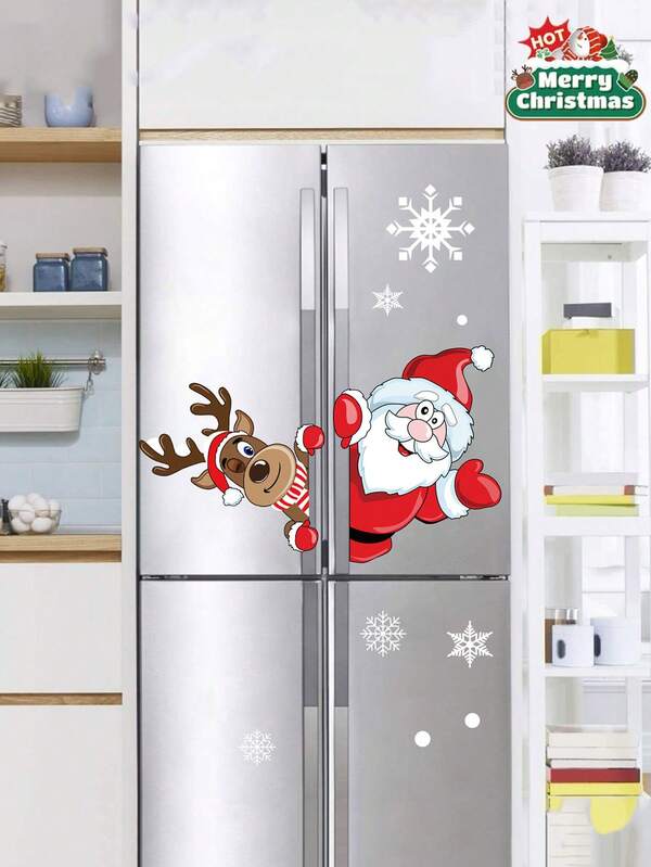 2 piezas de pegatinas estáticas navideñas - Pegatinas de vidrio de doble cara con Papá Noel y renos, decoraciones de escena navideña, suministros para fiestas navideñas