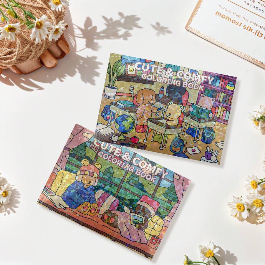 Conjunto de Livro de Colorir Fofo e Confortável - Uma Deliciosa Jornada de Colorir para Adultos através de Cenas Encantadoras Cheias de Animais - Recantos de Estudo Aconchegantes e Retiros Internos Acolhedores, Outono. Papelaria, Suprimentos Escolares, Desenho e Pintura, Halloween, Natal