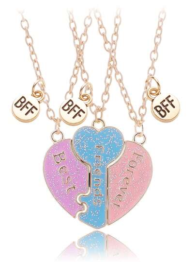 3 Pcs/Set Key Heart Best Friends Pendant Necklace For School Lover Clavicle Chain BFF Best Friends Machine Pendant Necklace Popular Geometry Adjustable Double Chain Couple Necklace Jewelry Gifts