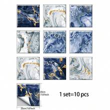 10片仿瓷砖墙贴，现代蓝色大理石纹PVC自粘可移除平面墙纸，适用于家居、厨房、房间、墙面、地面装饰 - 彩色 - 查看 10