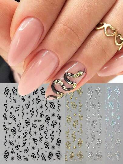 4 pièces Clous à glissière en or brillant en forme de serpent, autocollants d'ongles en serpent noir argenté laser Y2K, décalcomanies d'art pour ongles avec paillettes et étoiles