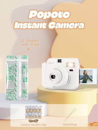  Popoto Instant Camera With 10 Sheet Of Films Mini Portable Instant Print Built In Flash Auto Exposure Good Gift For Friends.(Not Include Battery)