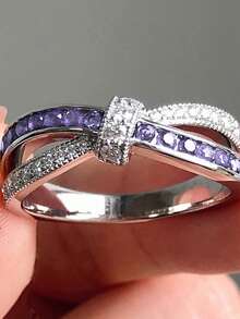 1pc Women's Fashion Criss-Cross Purple Closed Ring, Romantic Bow-Knot Jewelry Ring Suitable For Daily Wear And Weddings