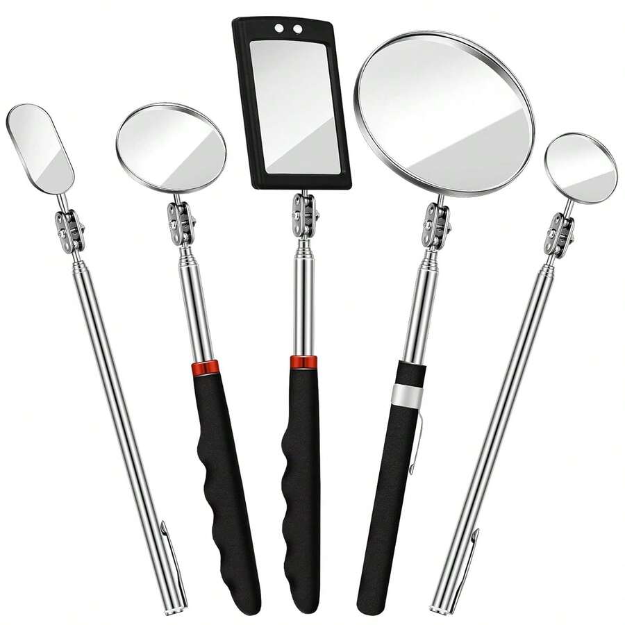 5 Pcs Telescoping Inspection Mirror Set Round Stainless Steel Mirror 360 Rotation Adjustable Inspection Tool With Long Handle For Check The Vehicle, Observe The Eyelashes, Mouth(Popular Style) - Popular Style - View 1