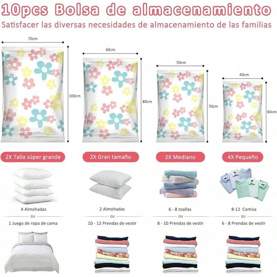 10 Piezas Bolsas de Almacenamiento al Vacío con Bomba Eléctrica, Bolsas de Compresión que Ahorran Espacio, Almacenamiento Reutilizable para Ropa, Almohadas y Edredones (flor) - Flor - Ver 1