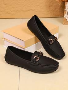 女士平底一脚蹬乐福鞋，休闲舒适软底莫卡辛鞋，软皮护士鞋，时尚百搭轻便妈妈鞋 - 黑色 - 查看 5