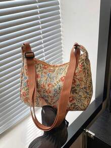 Linen Dumpling Shaped Floral Casual Handbag - Brown - View 12