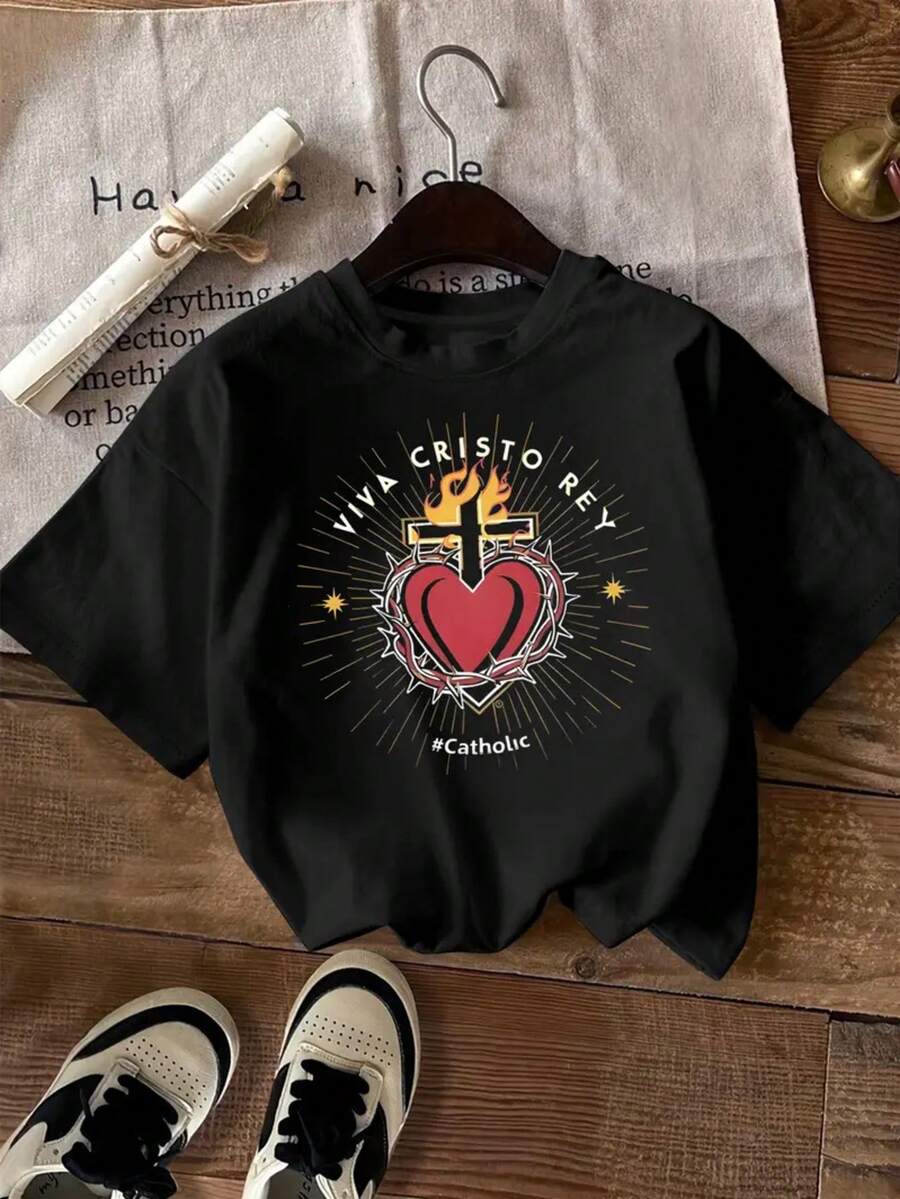 Camiseta playera gráfica dama mujer manga corta cuello redondo casual cómoda fresca ligera moderna juvenil corte regular estampado viva cristo rey corazón cruz espinas fuego estrellas - Negro - Ver 1