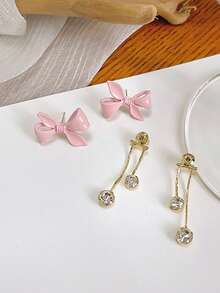 2pcs Fashionable Cute Bowknot Rhinestone Tassel Earrings, Suitable For Girls' Daily Wear