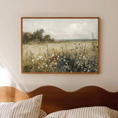 1 pieza Póster de paisaje rústico de un prado de flores silvestres con marco/sin marco, arte de pared de lienzo retro y minimalista, decoración de granja y país para apartamento, sala de estar, dormitorio, decoración del hogar moderna