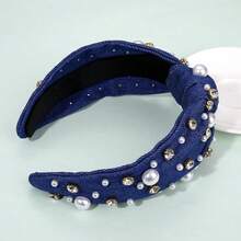 Pearl Knotted Headband For Women White Pearl Rhinestone Jeweled Hairband Fashion Ladies Wide Bride Boho Party Hair Accessories (Denim Dark Blue Knot Hairband) - 牛仔布深藍色結髮帶 - 查看 8
