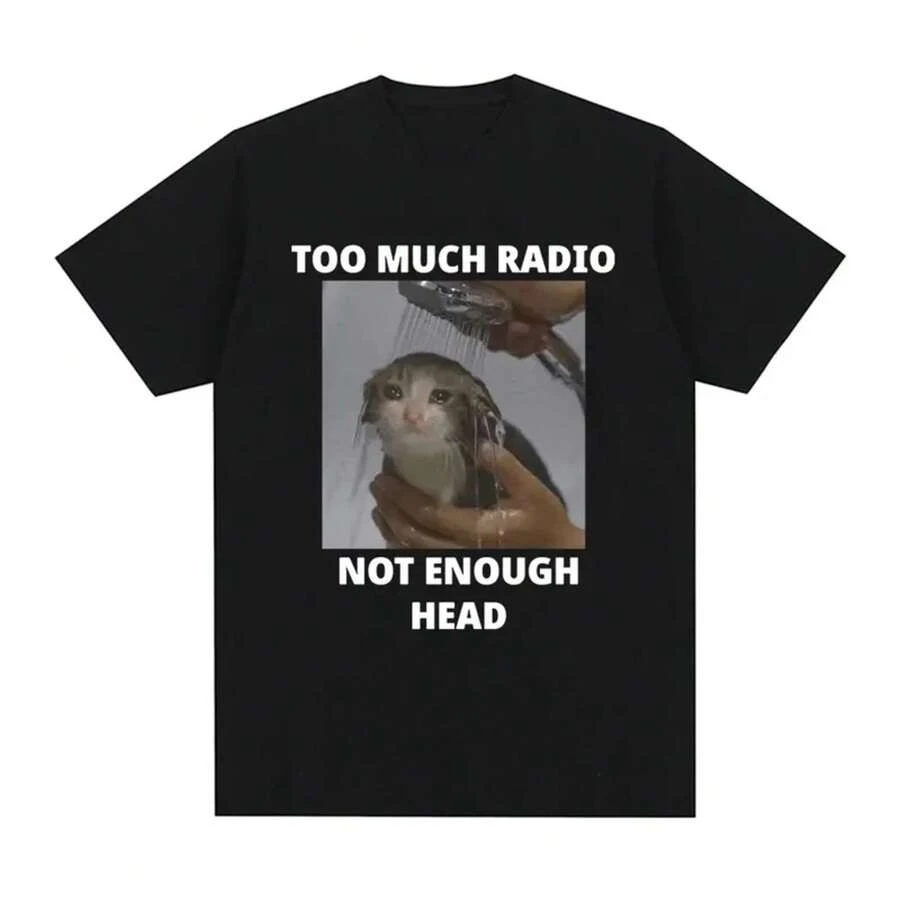 Camiseta de patrón de gato divertido "Demasiadas Radios, No Suficientes" para mujeres, camiseta casual de manga corta, ropa de calle - Negro - Ver 1