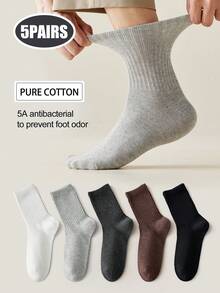 5 Pairs/10 Pairs Men's Neutral Mid-Calf Socks, High Elasticity, Antibacterial & Odor-Resistant, Solid Black/White/Gray Simple Cotton Socks Suitable For Casual, Daily, And Business Wear