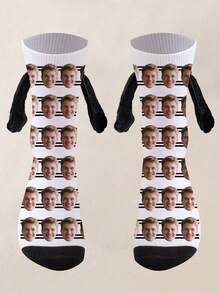 1 Pair Of Customized Face Men's Holding Hands Series Medium Socks, Put Any Face On The Socks, Personalized Socks With Photos, Interesting Customized Pictures With Medium Stockings, Suitable For Valentine's Day, Birthday, Gift Giving And Other Occasions, Personalized