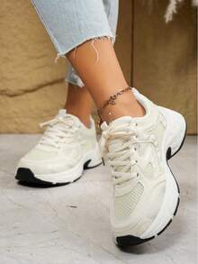 New Women Casual Sneakers, Chunky Sneakers, Shoes, White Shoes, Lace-Up Round Toe Mixed Material Breathable Versatile Printed Graffiti College Style Student Outdoor Hiking Casual Commuting Shoes