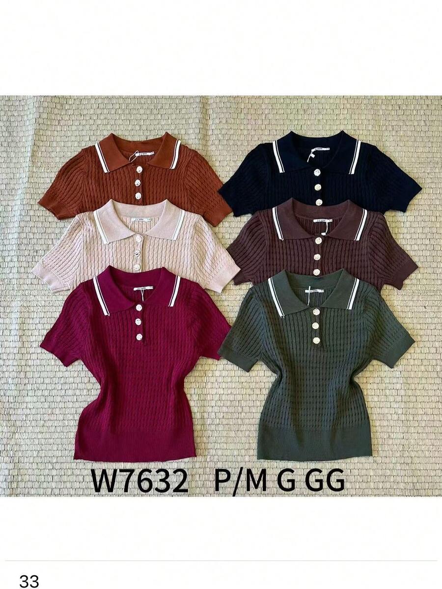 Women's Knitted Polo Shirt With Buttons Color Block Knit Knit Buttons On The Front Contrasted Waist Button Evening Holiday Wedding - 酒紅色 - 查看 1