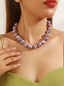 1 pieza Collar tejido a mano con cuentas, estilo bohemio, con diseño geométrico redondo de resina con estampado de lunares y leopardo, para regalo y uso diario