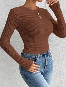 Women's Round - Neck Long - Sleeve Knit Top For Spring  Fall Casual, Shopping Wear - 咖啡色 - 查看 3