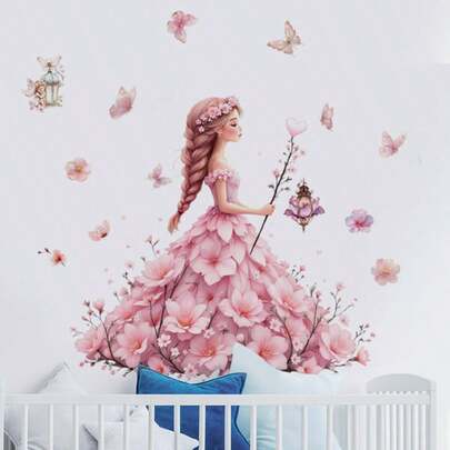 1 Stück rosa Blumen Rock Prinzessin Schmetterling Wandaufkleber, Fairy Wandtattoo, bunte Schmetterling Wandkunst Dekoration für Mädchen Kinderzimmer, Schlafzimmer, Spielzimmer