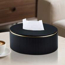 奢华竖条纹 PU 皮革椭圆形纸巾盒，优雅金边餐巾纸分配器 - 彩色 - 查看 9