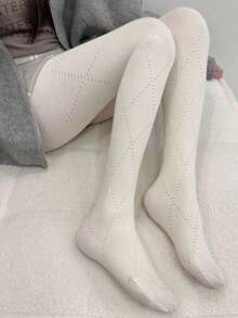 1双女士保暖过膝长袜，休闲百搭白色连裤袜，日系JK菱形网眼加厚长袜，适合秋冬季节，舒适保暖 - 白色 - 查看 6