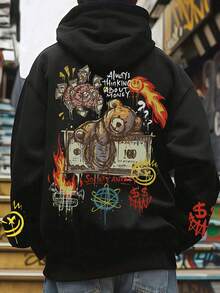 男士休闲街头风金钱与熊元素印花连帽卫衣，秋冬款，长袖上衣 - 黑色 - 查看 6