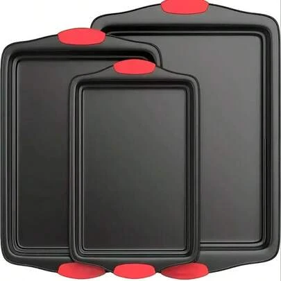 3 Pieces/Set, Non Stick Kitchen Oven Baking Tray - Commercial Grade Restaurant Quality Carbon Steel Baking Tray, Including Large, Medium, And Small Baking Trays For Baking, With Red Silicone Handles - Kitchen Accessories, Halloween, Shipped From Local Warehouse