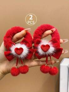 2pcs Christmas Cute Plush Bow Headband With Heart Pendant And Elastic Hair Band - Red & White Fluffy Hair Clips, Valentine's Day, Christmas, Birthday Party Accessories - Soft Stretchy Adult Headband - Multicolor - View 8